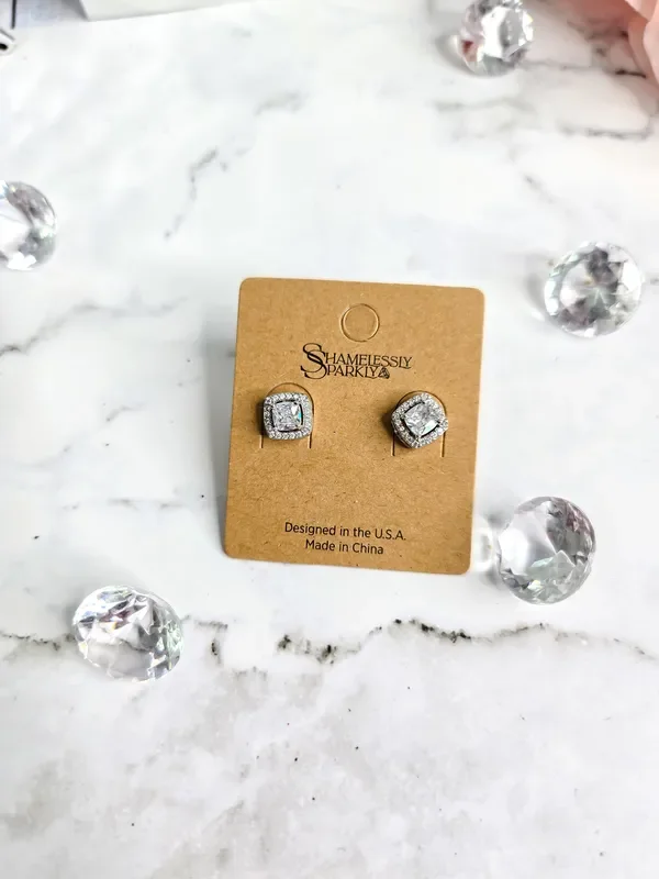 Allison Dainty Square Studs With Clear Glass Crystals