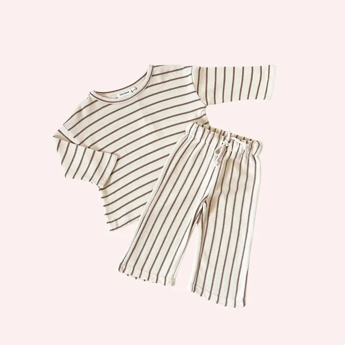 Alma Cotton Stripe Long Sleeve Set – Cream/Latte Stripe