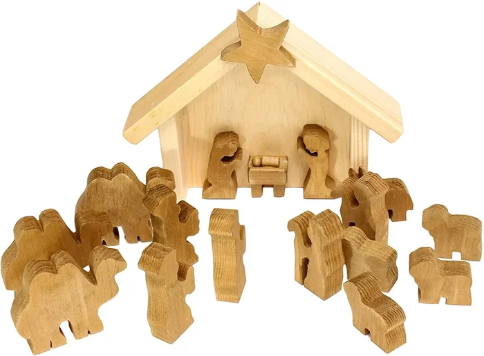 AmishToyBox Wooden Nativity Manger Scene Set, 14 Pieces