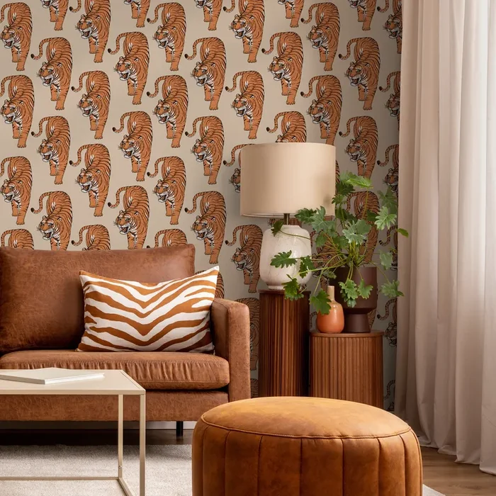 Animal Print Wallpaper Featuring Stylized Tigers In Orange, Black, And Beige – Zadi