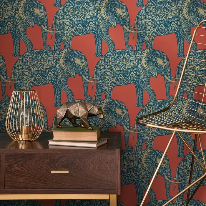Animal Wallpaper Featuring Ornate Elephants In Red, Blue, And Gold – B347