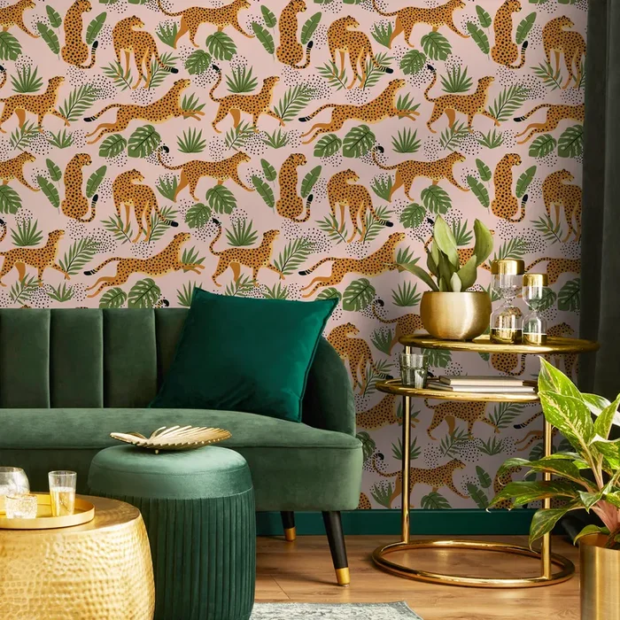 Animal Wallpaper With Cheetahs And Tropical Leaves In Pink, Green, And Orange – Zadr