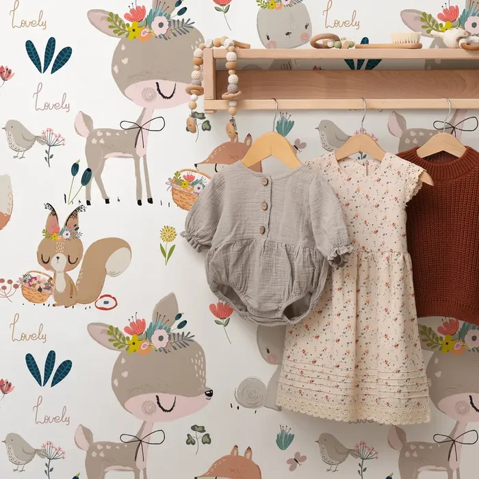 Animal Wallpaper With Floral Woodland Creatures In Brown, Pink, And Teal – B547