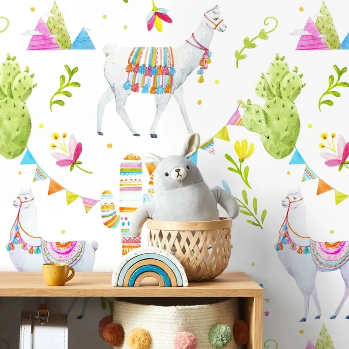 Animal Wallpaper With Watercolor Llamas And Cacti In Green, Pink, And Blue – A682