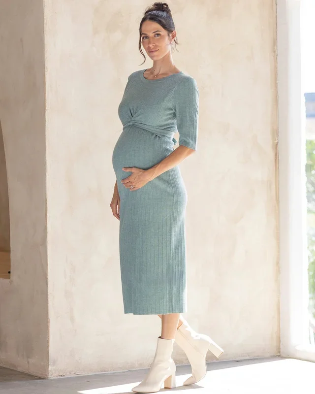 Annabella Maternity Knit Midi Dress in Sage Green