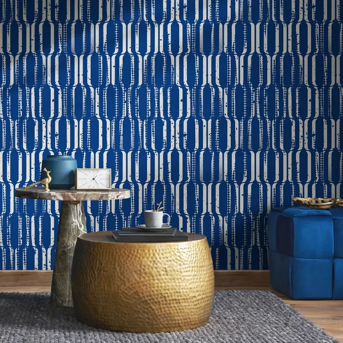 Art Deco Wallpaper With A Distressed Column Motif In Blue And White – B408