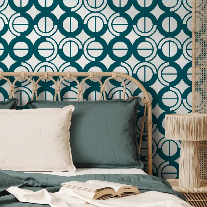 Art Deco Wallpaper With A Geometric Circle Motif In Teal And White – A795