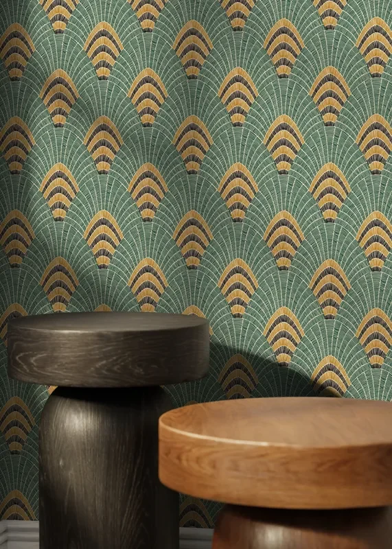 Art Deco Wallpaper With A Geometric Fan Motif In Green, Gold, And Black – D053