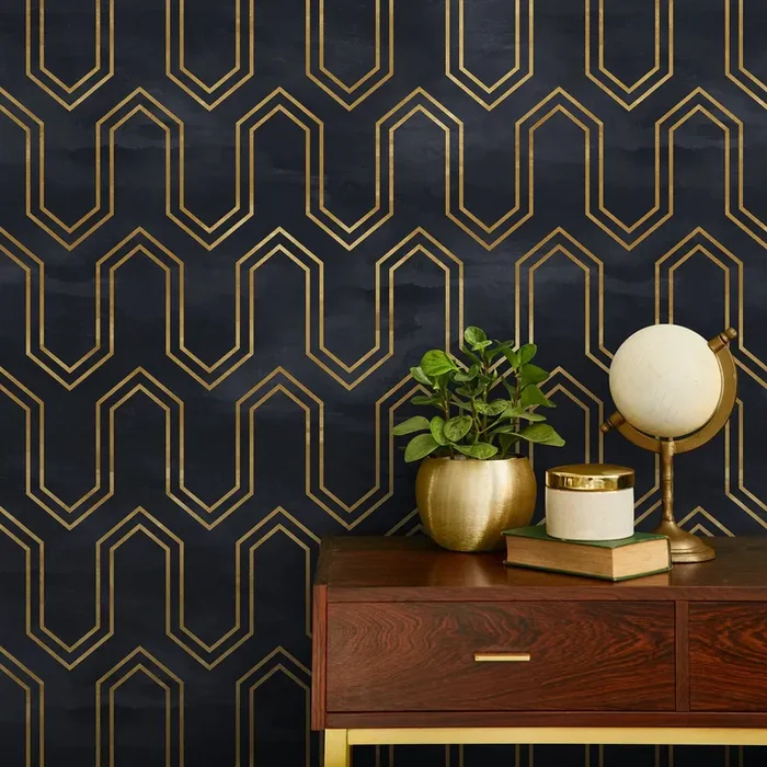 Art Deco Wallpaper With A Geometric Line Pattern In Black And Gold – A436