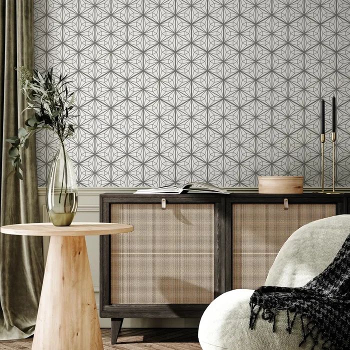 Art Deco Wallpaper With A Geometric Starburst Motif In Grey – B806