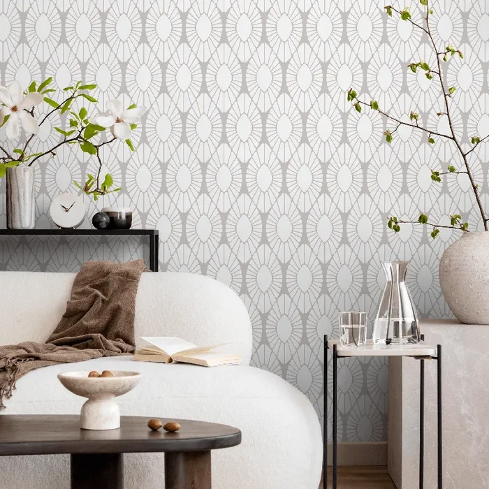 Art Deco Wallpaper With A Geometric Sunburst Motif In Grey – C037