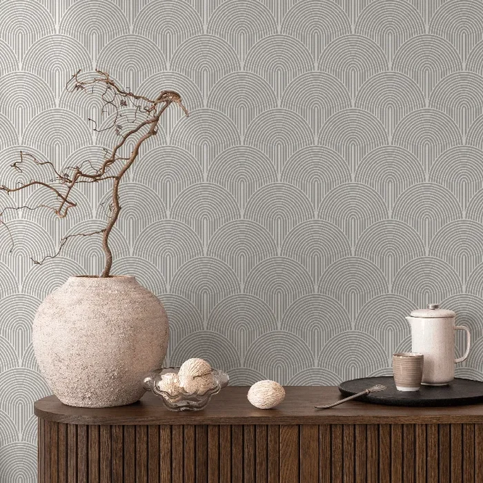 Art Deco Wallpaper With A Scalloped Arch Motif In Gray And Off-white – B063
