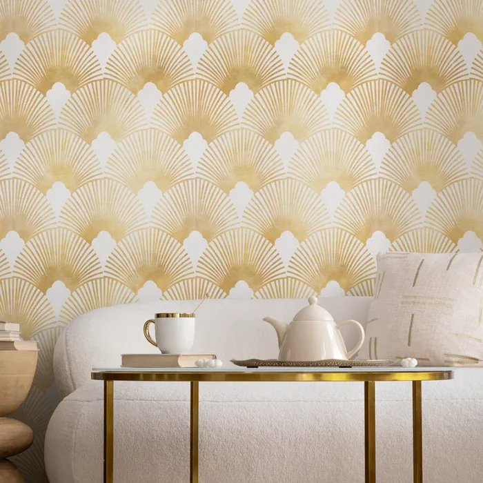 Art Deco Wallpaper With A Scalloped Fan Motif In Gold – C007
