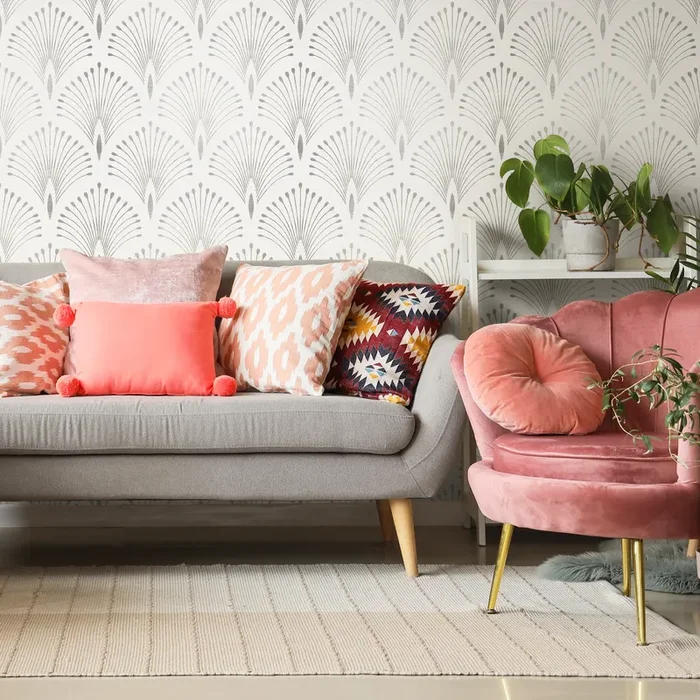 Art Deco Wallpaper With A Scalloped Fan Motif In Gray – C730