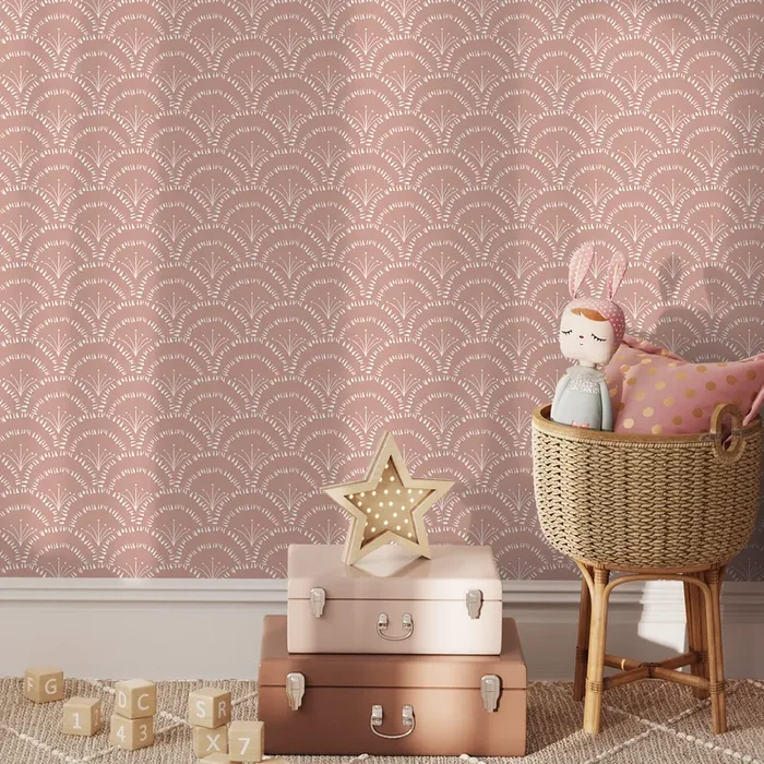 Art Deco Wallpaper With A Scalloped Fan Motif In Pink And White – C279
