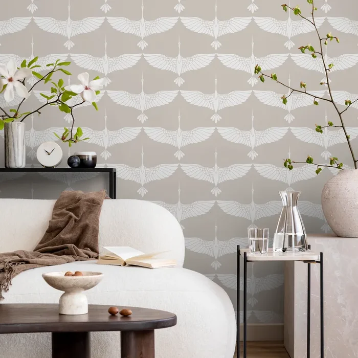 Art Deco Wallpaper With A Stylized Crane Motif In Cream And Taupe – D085