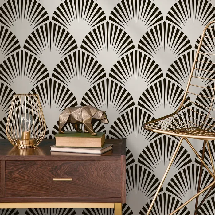 Art Deco Wallpaper With A Stylized Fan Motif In Black And Light Grey – B074