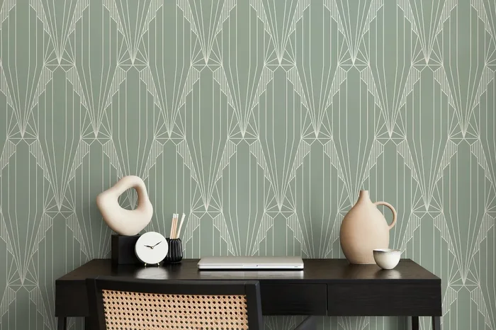Art Deco Wallpaper With A Symmetrical Fan Motif In Sage Green And Cream – D242