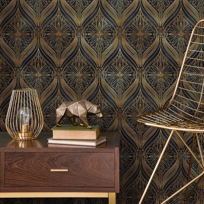 Art Deco Wallpaper With An Intricate Fan Motif In Black And Yellow Gold – B520