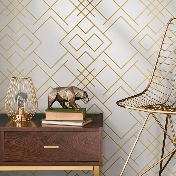 Art Deco Wallpaper With Interlocking Geometric Lines In Gold – B269