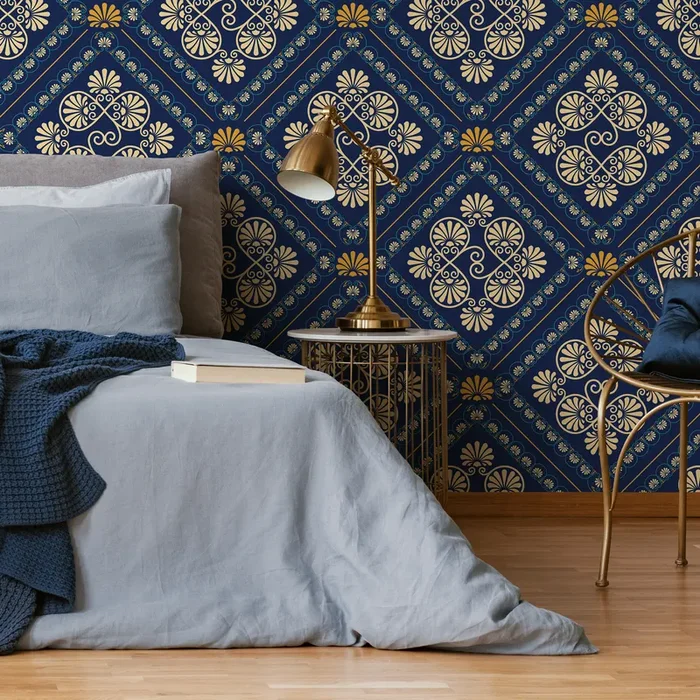 Art Deco Wallpaper With Ornate Tile Motifs In Blue And Gold – D137