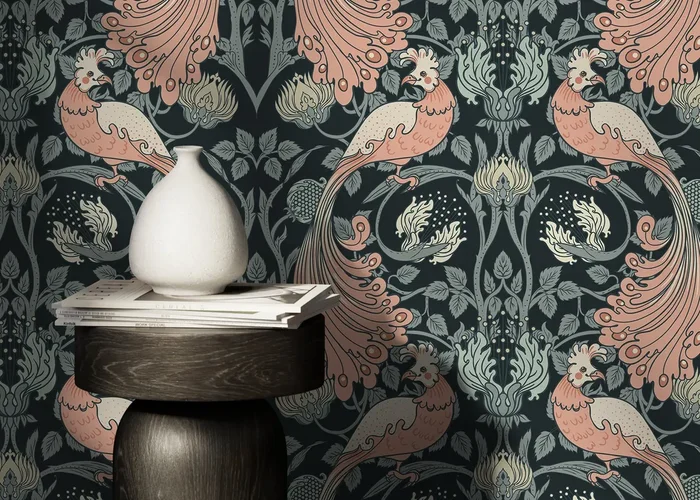 Art Nouveau Wallpaper With A Bird Motif In Pink, Green, And Black – D499