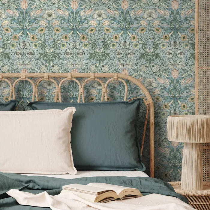 Art Nouveau Wallpaper With A Floral And Fruit Motif In Blue, Green, And Peach – B908