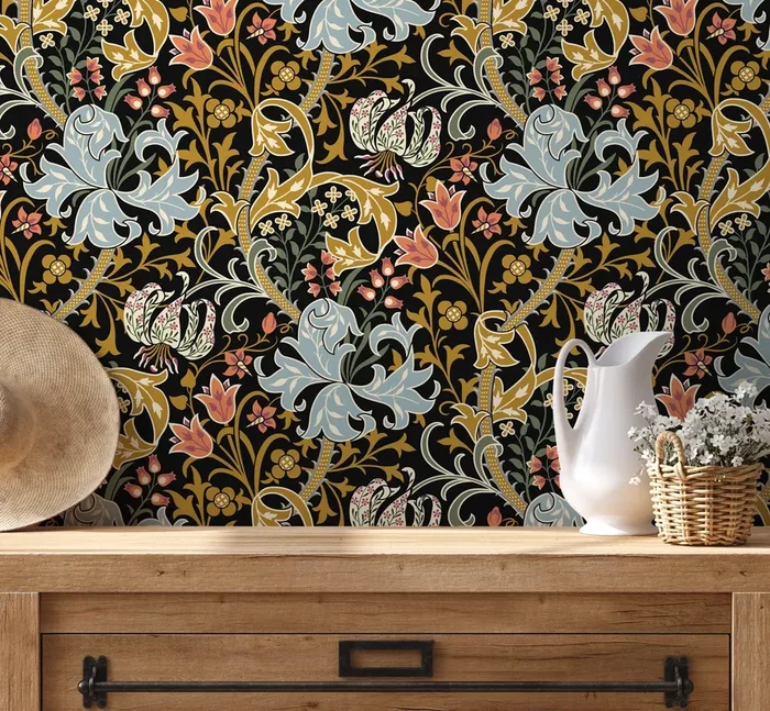 Art Nouveau Wallpaper With A Floral Motif In Black, Blue, And Gold – D007