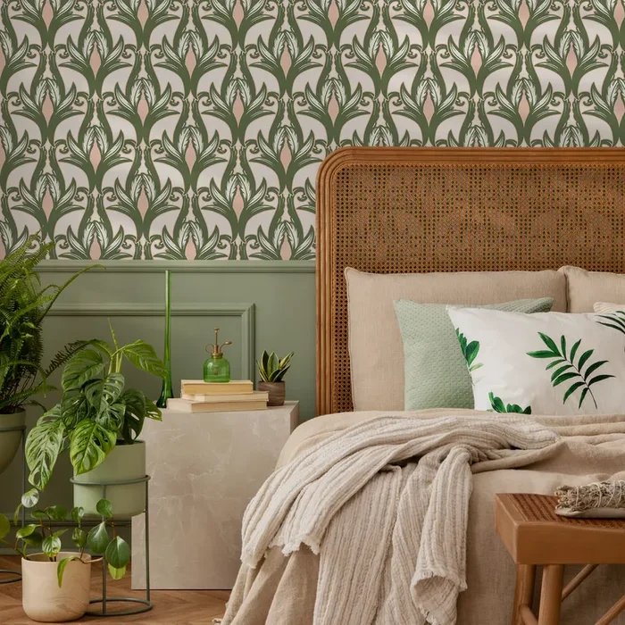 Art Nouveau Wallpaper With A Stylized Floral Motif In Green, Pink, And Beige – C288