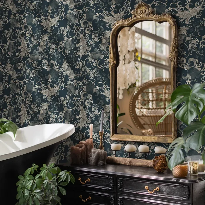 Art Nouveau Wallpaper With Floral Scrolls In Dark Blue And Beige – C791