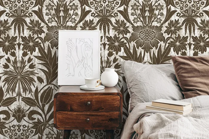 Art Nouveau Wallpaper With Stylized Floral Motifs In Brown And White – X174