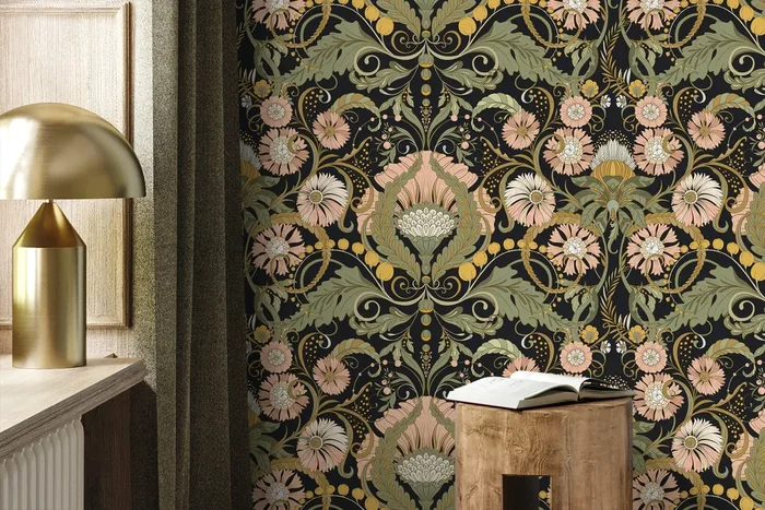 Art Nouveau Wallpaper With Stylized Florals In Black, Pink, And Green – D408