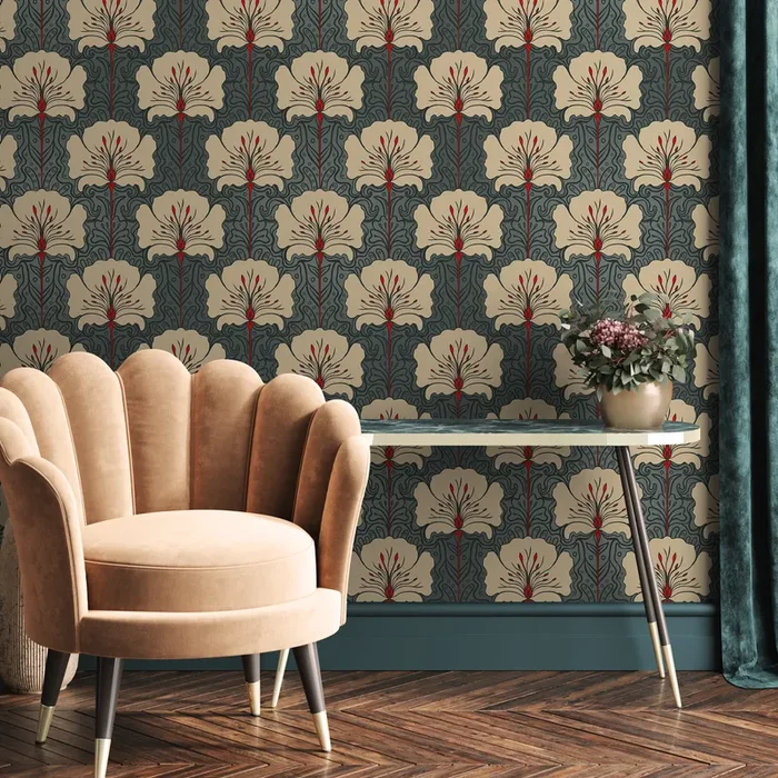 Art Nouveau Wallpaper With Stylized Florals In Teal, Beige, And Red – C390