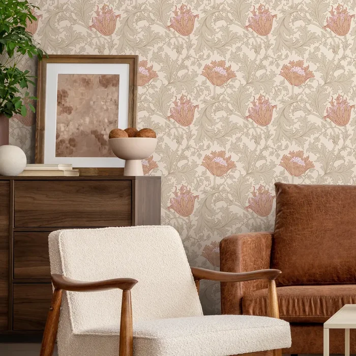 Art Nouveau Wallpaper With Stylized Tulips In Beige, Green, And Terracotta – C361