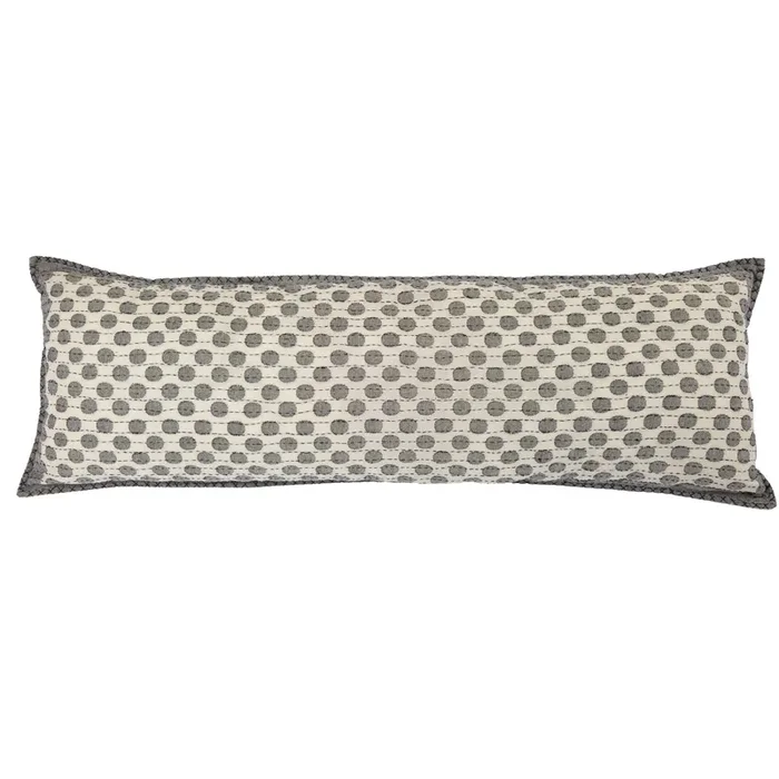 Artisan Hand Loomed Cotton Lumbar Pillow – Gray Dots – 16 “x48 “