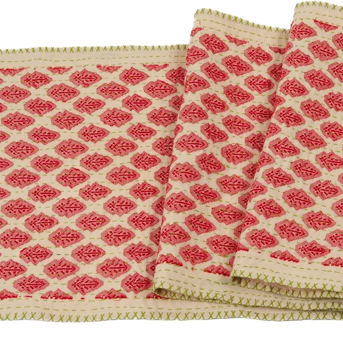 Artisan Hand Loomed Cotton Table Runner – Red Green Stitching – 18 “x96 “