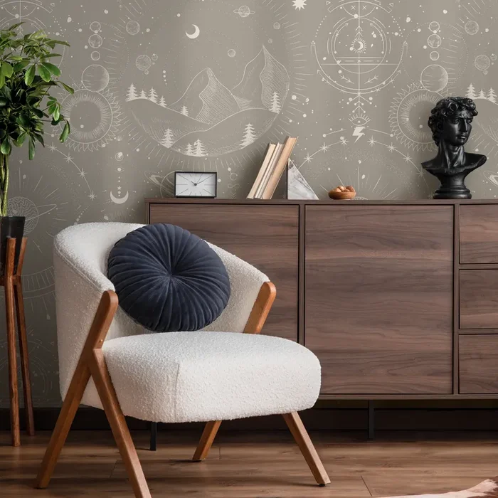 Astrology Wallpaper With Celestial Mountains In Taupe And Cream – D340