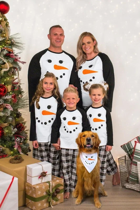 B&W Plaid Snowman Family Christmas Pajamas – AND PET BANDANA!