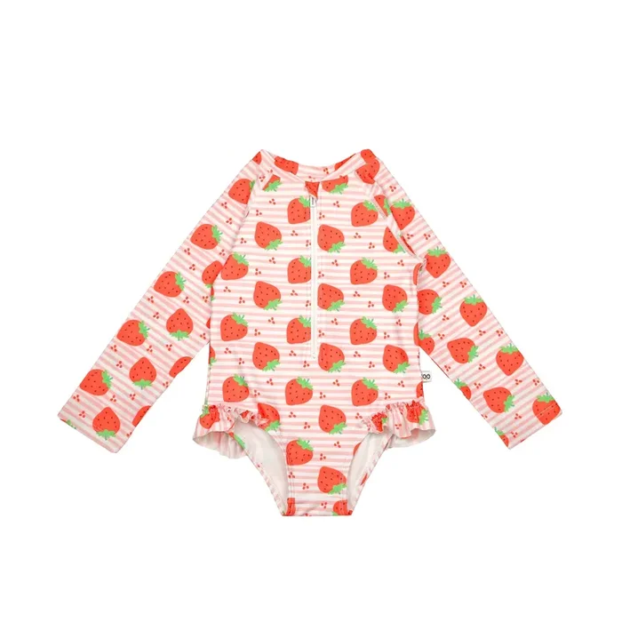 Baby/toddler Girls Rash Guard One Piece Ruffled Swimsuit – Strawberry **pre-order (orders Will Ship In Full Early March ’25)**