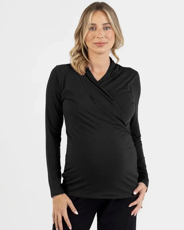 Bamboo Maternity V-Neck Crossover Long Sleeve Top – Black