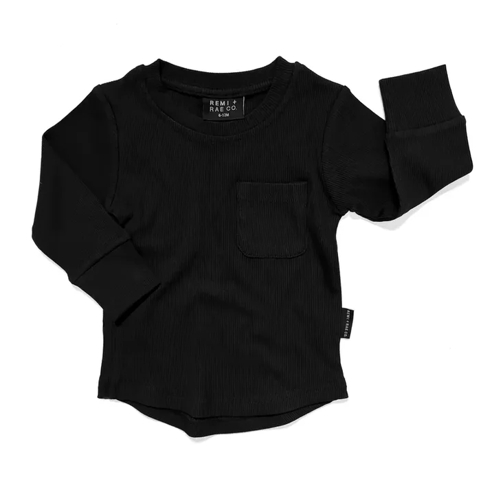 Bamboo Ribbed Long Sleeve Pocket Tee – Black