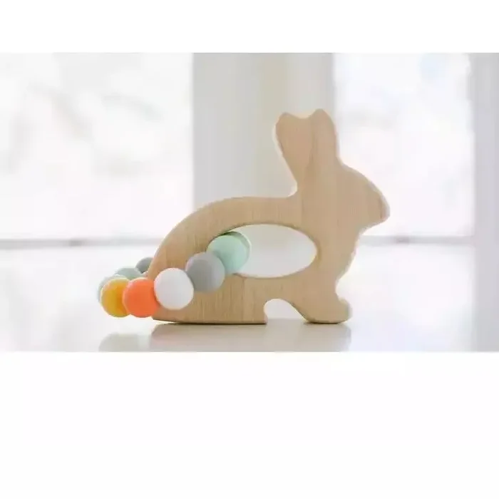 Bannor Toys Bunny Grasping Wooden Baby Toy with Teething Beads