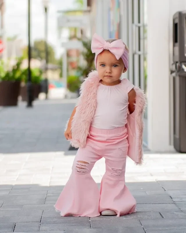 Barbie Pleated Denim Bell Bottoms – Powerpuff Distressed Pink