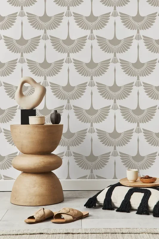 Bird Wallpaper With A Stylized Swan Motif In Neutral Taupe – D261