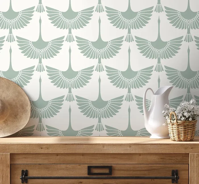Bird Wallpaper With A Symmetrical Swan Motif In Mint Green – D259