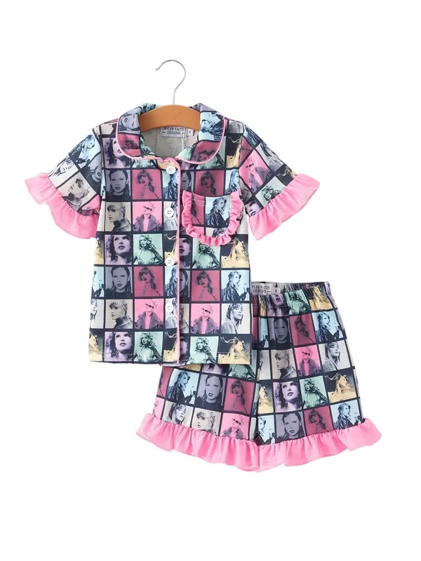 Black Ts Lapel Button Short Sleeve Shorts Ruffle Pajama Set