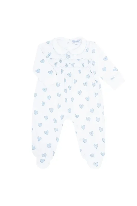 Blue Heart Print Smocked Footie