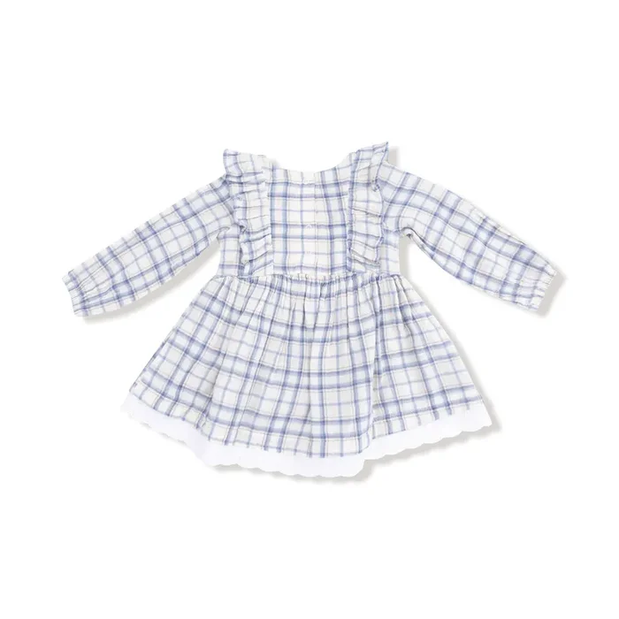 Blue Plaid – L/S Dress w/ Eyelet Hem + Diaper Cover