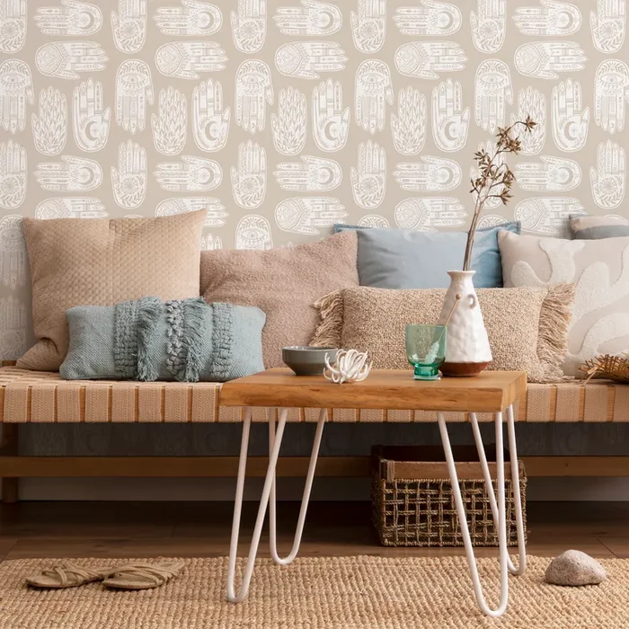 Bohemian Wallpaper Featuring Hamsa Hand Motifs In Beige And White – C273