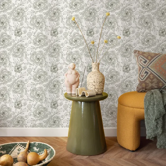 Boho Floral Wallpaper With Intricate Line Art In Sage Green – C961